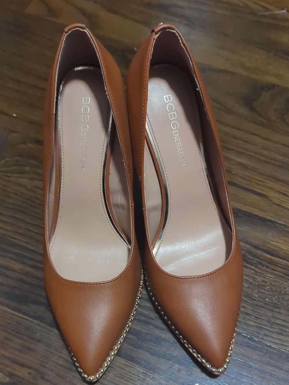 BCBGeneration Tan Pointed Toe Pumps with Gold Bead Accent
